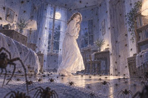 夜の部屋で多数の蜘蛛に囲まれ立ち止まる人物の夢