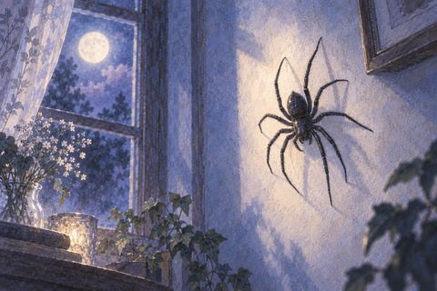 淡い月明かりの壁に静かにいる黒い蜘蛛の夢