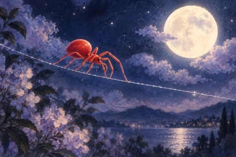 夜の蜘蛛の糸を鮮やかな赤い蜘蛛が渡る夢