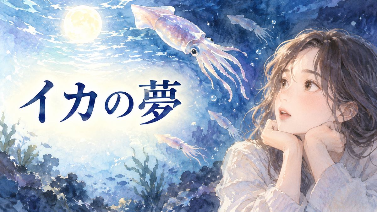 夜の海で泳ぐイカを見つめる大人の女性
