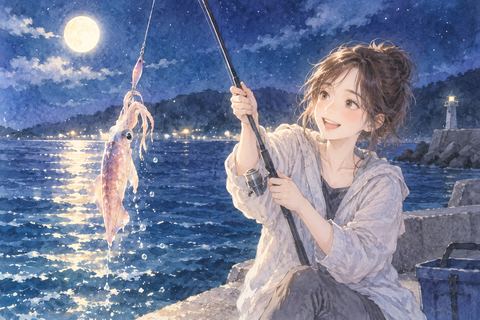 夜の海辺でイカを釣り上げる女性