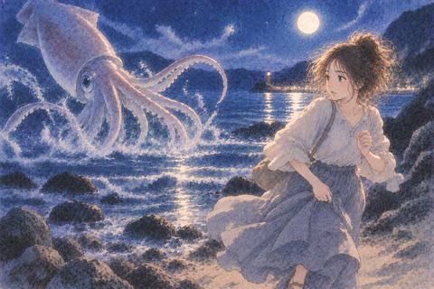 追ってくるイカから距離を取る女性