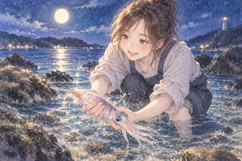 水辺で逃げそうなイカを捕まえる女性