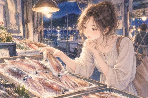 鮮魚売り場でイカを選ぶ女性