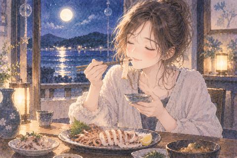 イカ料理を穏やかに食べる女性