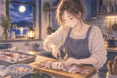 台所でイカを丁寧にさばく女性
