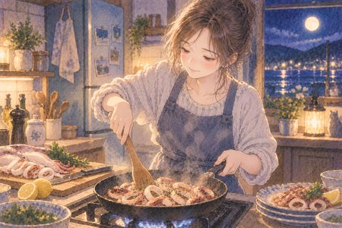 台所でイカ料理を作る女性