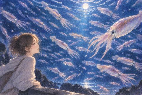 夜の海を埋めるように泳ぐ大量のイカ