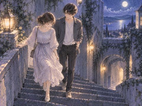 知人と並んで階段を降りる女性