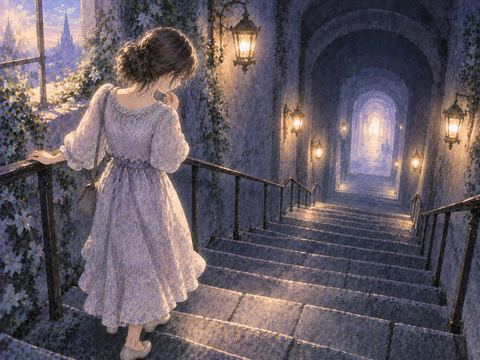 階段の手前で立ち止まる女性