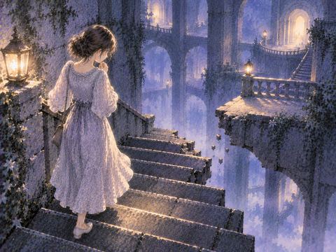 途中で途切れた階段の前に立つ女性
