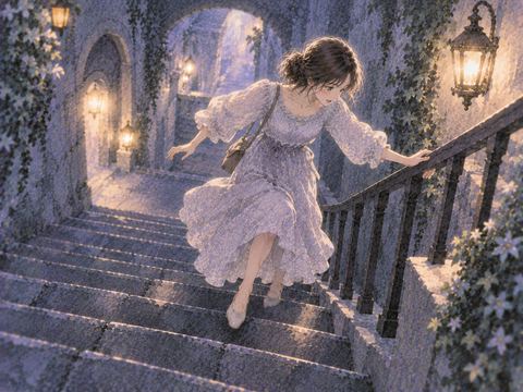 階段で一段踏み外して体勢を戻す女性
