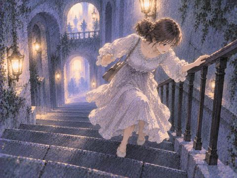 階段で手すりをつかみ踏みとどまる女性