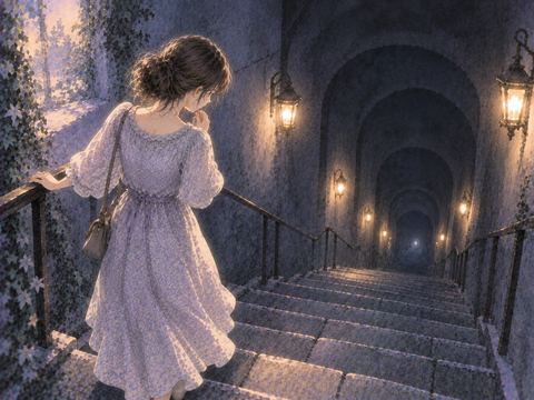 先の見えない階段を不安そうに見つめる女性