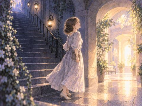 階段を降りた先の明るい場所で安心する女性