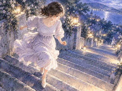 長い階段を勢いよく駆け下りる女性