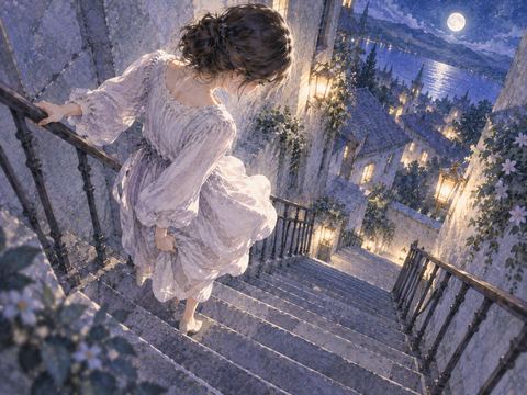 急な階段を慎重に降りる女性