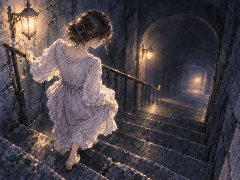 淡い明かりを頼りに黒い階段を降りる女性