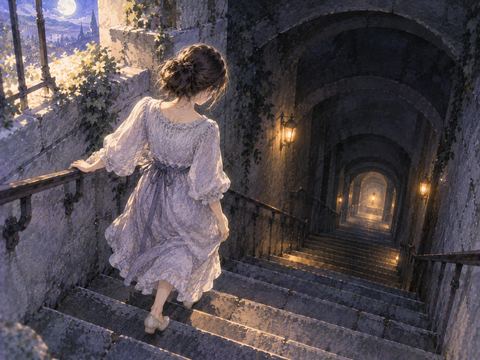 地下へ続く階段を静かに降りる女性