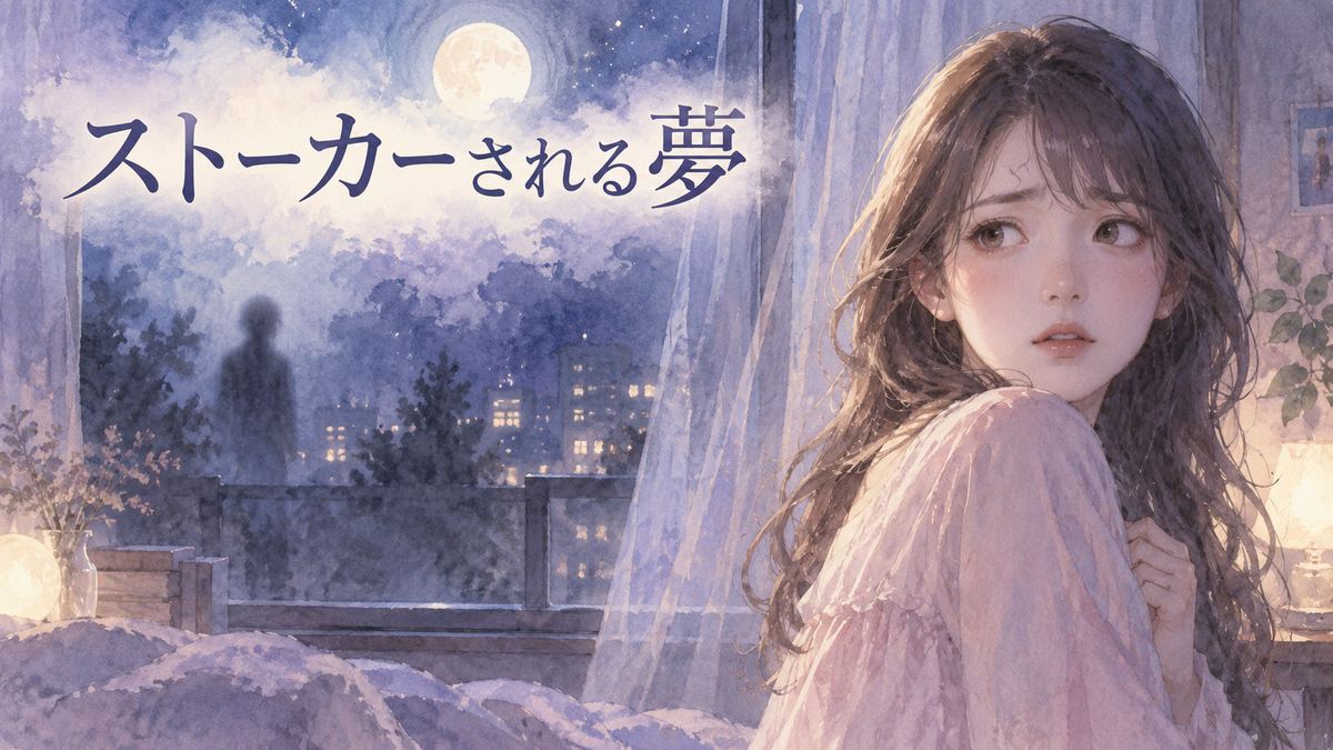 夜の窓辺で不安そうに振り返る大人の女性と、遠くに見える人影のような夢のモチーフ