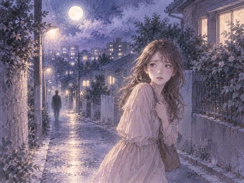夜道を歩く女性の後方に遠くからついてくる人影が見える場面