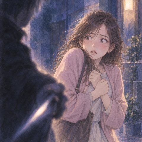 胸元を守るように身を寄せる女性と手前にぼやけた危険の気配