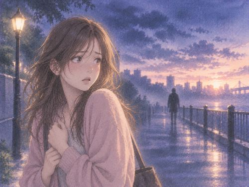 夜明け前の空間で立ち尽くす女性と遠い人影の気配