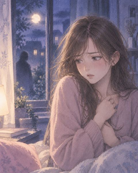 月明かりの中で胸元に手を当てて不安そうに立つ女性