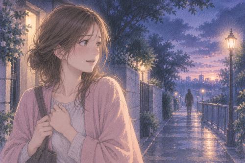 夜道の先で安心した表情を見せる女性と遠くへ離れていく人影