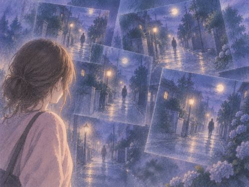 同じ夜道を思わせる景色と複数の淡い影が重なる夢のような風景