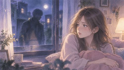 夜の窓に鮮明な人影が映り女性が現実へ意識を戻そうとする場面