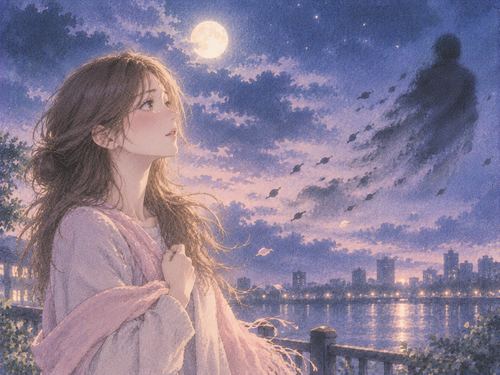 夜空の下で静かに立つ女性と、遠くへ流れていく影のようなモチーフ