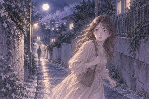 夜の路地で前方へ走る女性と遠くに残る人影を描いた場面