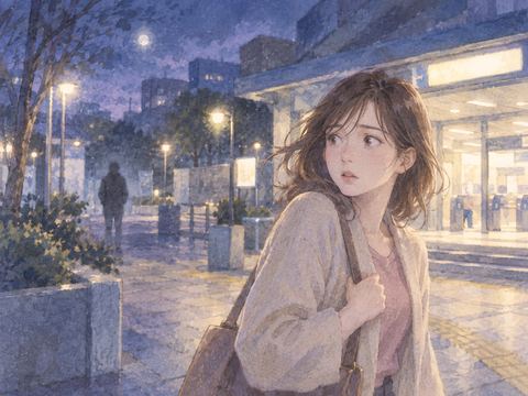 夜の駅前で立ち止まる女性と少し離れた場所に現れた人影