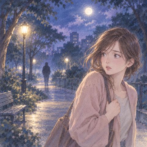 顔の見えない知らない人影を遠くに感じて振り向く女性