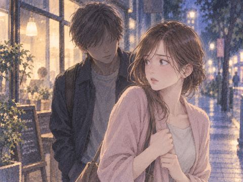 見覚えのある人物が少し近い距離に立ち女性が戸惑う夜の場面