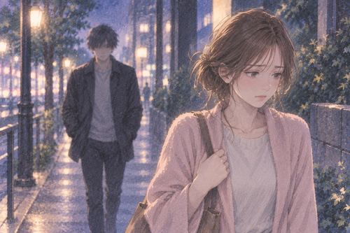 夜の街で前を向く女性の後ろに過去を思わせる男性の姿がぼんやり見える場面