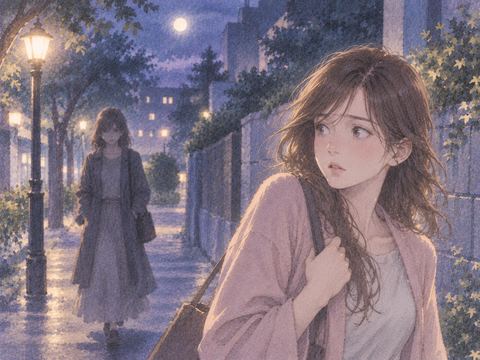 夜道で振り返る女性と少し離れた場所に立つ同性の女性