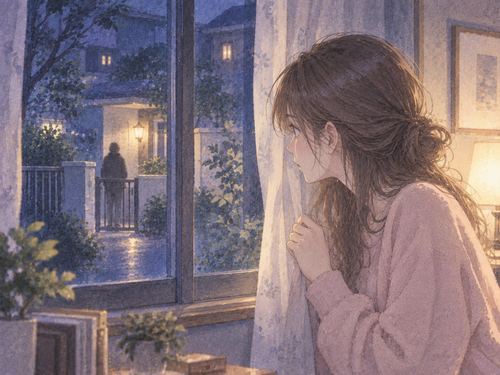 夜の家の窓辺から外を見つめる女性と玄関付近のぼんやりした人影