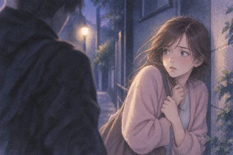 夜の中で身を守るように身を縮める女性と迫る人影の気配