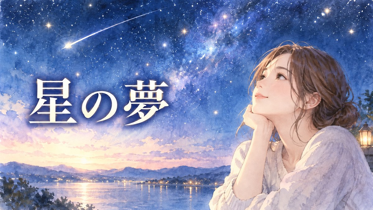 「星の夢」の文字と流れ星を見上げる女性