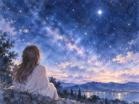 静かな夜空で一つの遠い星を見上げる人物