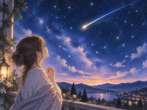 流れ星を見ながら胸元で手を合わせる人物