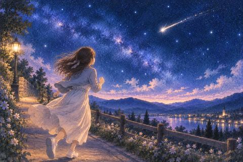夜道で流れ星を追いかける人物