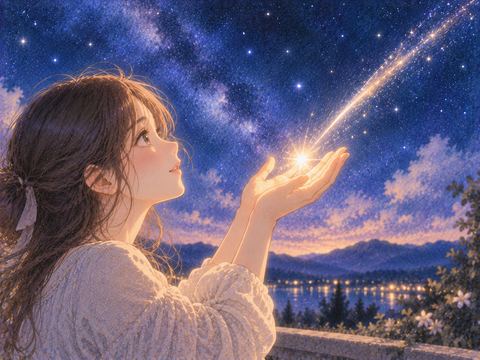 手のひらで小さな流れ星の光を受け止める人物
