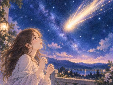 夜空から近くへ落ちてくる流れ星を見る人物