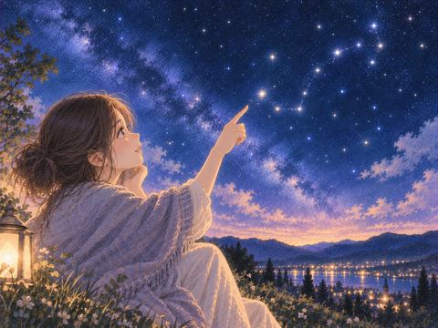 夜空の星々から星座の形を見つける人物