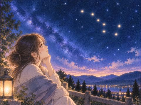 夜空にくっきり見える北斗七星を見上げる人物