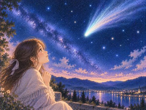 長い尾を引く彗星を夜空で見つめる人物
