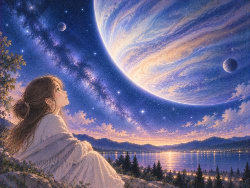 夜空に浮かぶ巨大な惑星を見上げる人物